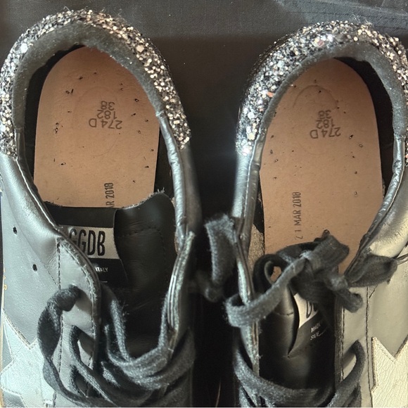 GOLDEN GOOSE SNEAKERS SUPERSTAR BLACK SILVER GLITTER HEEL SIZE 38 - Picture 13 of 13